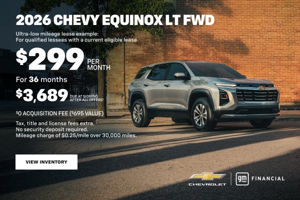 2026 Chevy Equinox LT FWD. Ultra-low mileage lease example: For qualified lessees with a current ...
